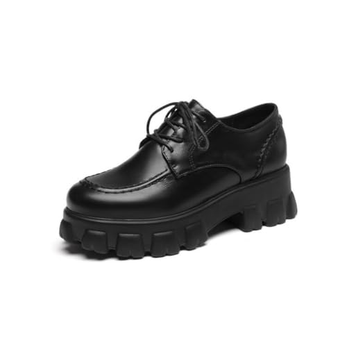 Damen Stämmiger Plateau Loafer Schnürung Vintage Kleid Schuhe Geschlossene Runde Zehe PU Leder Büroschuhe,Schwarz,41 EU von Generic