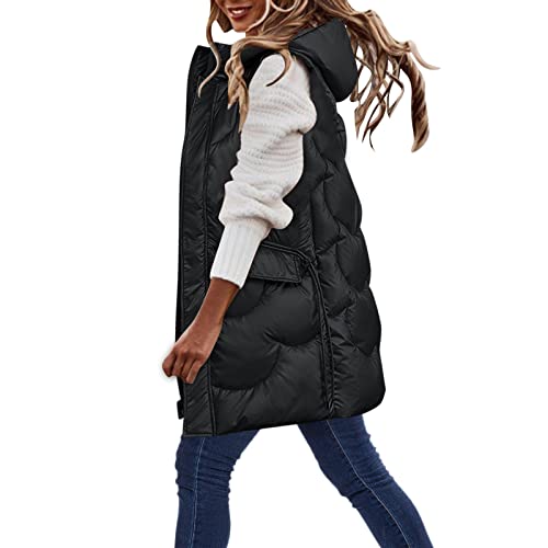 Damen Steppweste Lang Mit Kapuze Leichte Puffer Weste Outdoor Bodywarmer Übergangs Weste Wintermantel Winddichte Wasserdichte Atmungsaktive Vest Gilet von Generic