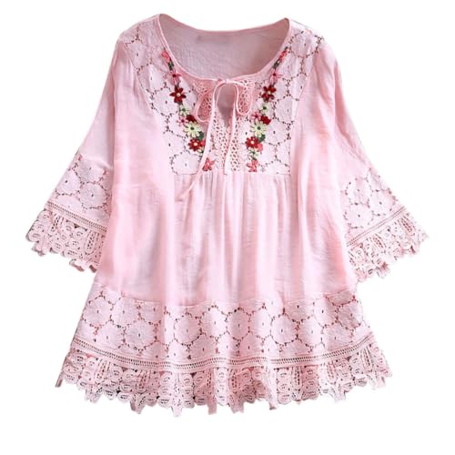 Damen Stickerei Bluse Bohemian Herbst Tunika Bestickte Folklore Blusen Hippie Blumenmuster Oberteil 3/4 Arm Lose Tops M-4XL von Generic