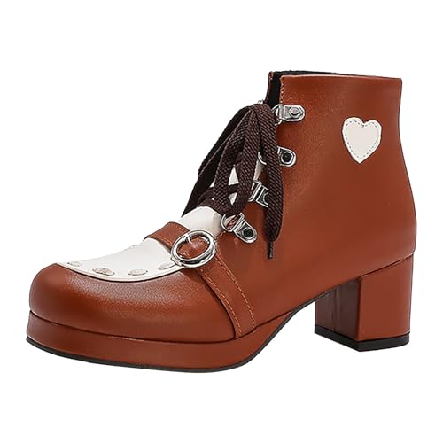 Damen-Stiefel, hoher Absatz, eckige Spitze, Schnürung, kurze Stiefel aus Kunstleder, Patchwork, elegant, Lolita-Stil, Herbst, Winter, Outdoorschuhe für Damen, braun, 38 EU Damen-Stiefel, hoher Absatz, eckige Spitze, Schnürung, kurze Stiefel aus Kunstleder, Patchwork, elegant, Lolita-Stil, Herbst, Winter, Outdoorschuhe für Damen, braun, 38 EU von Generic