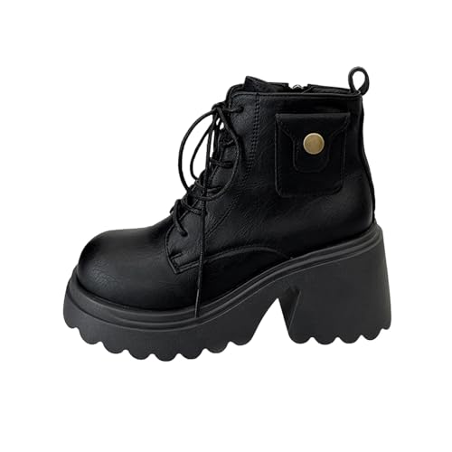 Damen-Stiefel, runde Spitze, Plateau-Stiefel, Chunky, Schnürung, Reißverschluss, rutschfeste Sohle, Kunstleder, britischer Stil, Herbst und Winter, Schwarz , 40 EU von Generic