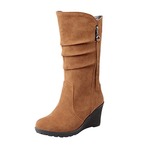 Damen Stiefel Keilabsatz Winter Boots mit Reißverschluss Plüsch gefüttert warm weich bequem für Winter (Brown, 42) von Generic