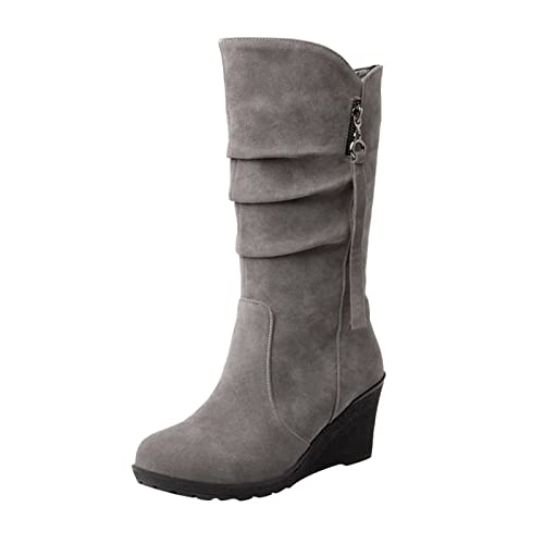 Damen Stiefel Keilabsatz Winter Boots mit Reißverschluss Plüsch gefüttert warm weich bequem für Winter (Grey, 40) von Generic