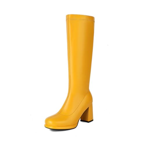 Damen Stiefel Knöchelhoch Dehnbar Mit Quadratischer Spitze Plateau Blockabsatz Bequem Schlupf Modisch Elegant,Gelb,40 EU von Generic