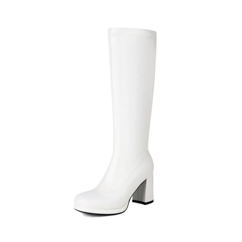 Damen Stiefel Knöchelhoch Dehnbar Mit Quadratischer Spitze Plateau Blockabsatz Bequem Schlupf Modisch Elegant,Weiß,42 EU von Generic