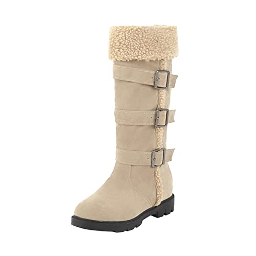 Damen Stiefel Overknees mit Blockabsatz Gefütterte Wildleder Schuhe Winterschuhe Sohle Hohe Stiefel Boots Winter Langschaft Boots mit Blockabsatz Schnürstiefel (Beige, 39) von Generic