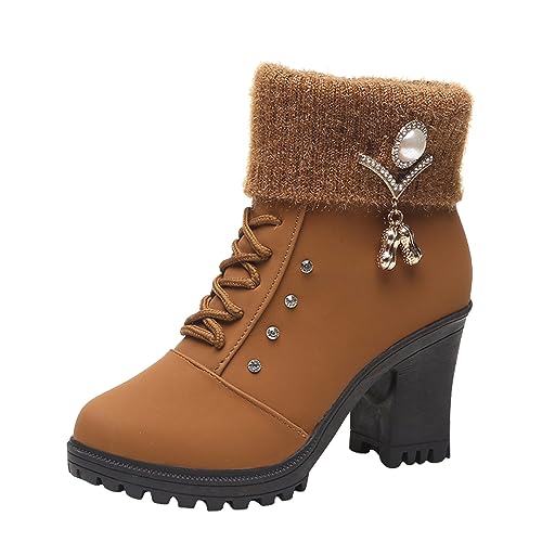 Damen Stiefel Runde Zehenkappe Winter Keilabsatz Boots mit Reißverschluß Frauen Warm Gepolsterte Stiefeletten Hochhackige Westernstiefel Freizeit Elegant Damenstiefel (Yellow, 38) von Generic