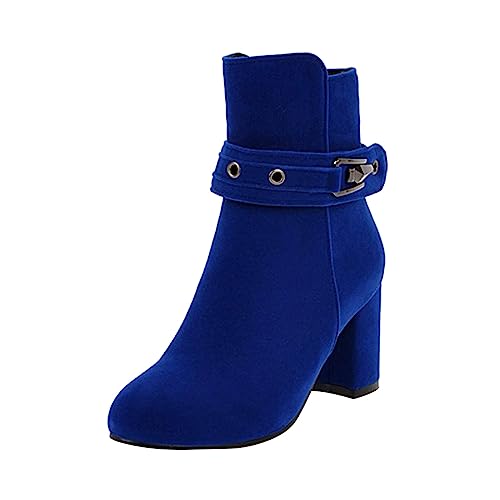 Damen Stiefel Texturiert Runde Zehenkappe Stiefeletten Keilabsatz Boots mit Reißverschluß und Verstellbare Gürtelschnalle Damen Ankle-Boots Bequeme Einfarbig Mode Damenstiefel (Blue, 42) von Generic