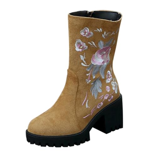 Damen-Stiefel aus Wildleder, bestickt, mit Blumenmuster, Retro, Plateau-Stiefel, kurze Stiefel, hohe Absätze, Reißverschluss, rutschfest, für Herbst und Winter, kaki, 40 EU von Generic