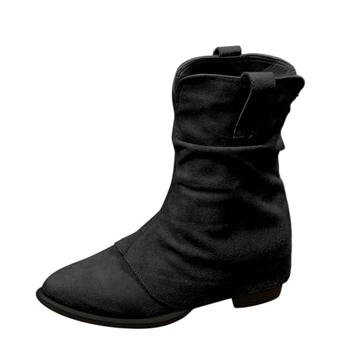 Damen-Stiefel aus Wildleder, mit spitzer Spitze, quadratischer Absatz, Retro, Cowboystiefel, Western, Plissee, Patchwork, elegant, für Herbst und Winter, leicht, bequem, Schwarz , 38 EU von Generic