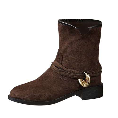 Damen-Stiefel aus Wildleder, runder Zehenbereich, niedriger Absatz, wadenhoch, Retro, elegant, rutschfeste Sohle, für den Außenbereich, Herbst/Winter 2025, coffee, 40 EU von Generic