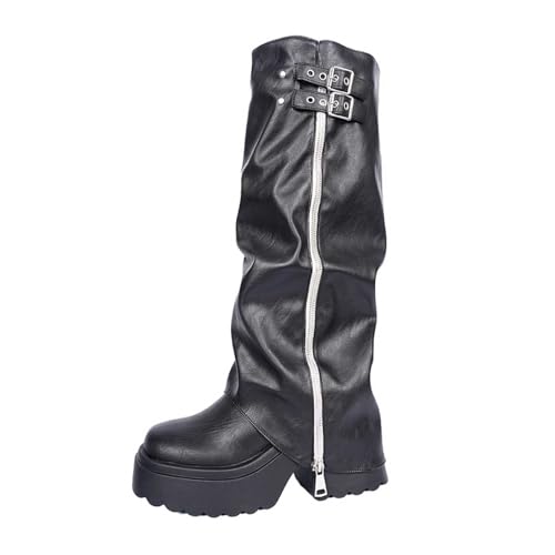 Damen-Stiefel mit mittlerer Wade, 2025 Modische -Schnalle, spitze Zehenpartie, kniehohe Stiefel, Bequeme Stiefeletten mit Absatz für den Winter, lässige Socken Schuhe Damen Winter (Black, 36) von Generic