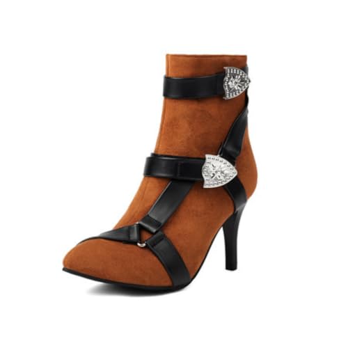 Damen Stiefeletten Aus Wildleder Spitz Hohe Stilettos Mit Strassschnalle Reißverschluss Weiches Futter rutschfeste Strapazierfähige Sohle,Gelb,38.5 EU von Generic