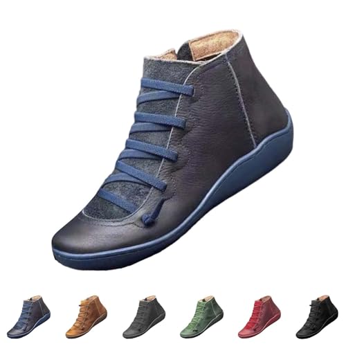 Damen Stiefeletten Für Herbst Winter - Schnürstiefel Mit Reißverschluss Pu-Leder Ankle Boots Bequem rutschfest Winterstiefel wasserdichte Schuhe,Orthopädische Knöchelschuhe Biker Boots von Generic