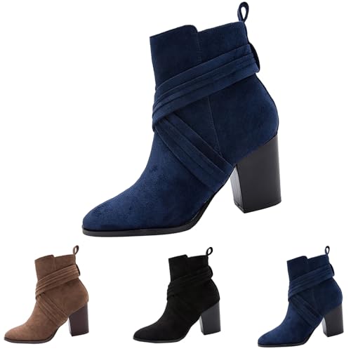 Damen Stiefeletten High Heels Mit Blockabsatz - Winterstiefel Damen Mit Reißverschluss Chelseaboots Spitzzehe Ankle Boots Kurzschaft Wildlederstiefel Elegant Damenstiefel Für Business von Generic
