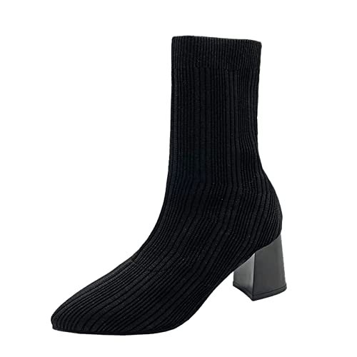 Damen Stiefeletten Mit Absatz Spitz Elegant - Pumps Blockabsatz Kurzschaft-Stiefel Strick Schlupfstiefel High-Top Ankle Boots Sexy High Heels Elegante Abendschuhe Bequem Damenstiefel von Generic