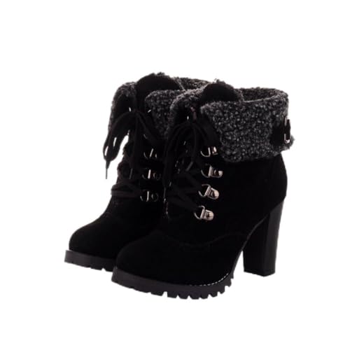 Damen Stiefeletten Mit Fleece-Futter Obermaterial Wildleder Runde Spitze Schnürung Schnallenriemen Klobige Hohe Blockabsätze Slip on Winter Casual Schuhe,Schwarz,37.5 EU von Generic