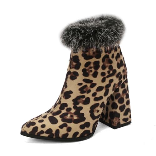 Damen Stiefeletten Mit Kunstfellbesatz Spitzem Zeh Strapazierfähiges PU Leder Obermaterial Hohe Klobige Blockabsätze Slip On Abend Schuhe,Leopard Print,43 EU von Generic
