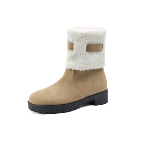 Damen Stiefeletten Mit Runder Spitze Und Lammfellfutter Aus Langlebigem Wildleder Niedrige Blockabsätze Pull on Slip on Winter Casual Schuhe,Beige,36 EU von Generic