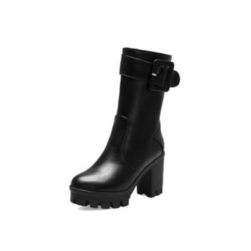 Damen Stiefeletten Mit Schnallenriemen Runde Spitze Strapazierfähiges PU Leder Obermaterial Mittelhohe Klobige Blockabsätze Seitlicher Reißverschluss,Schwarz,43 EU von Generic