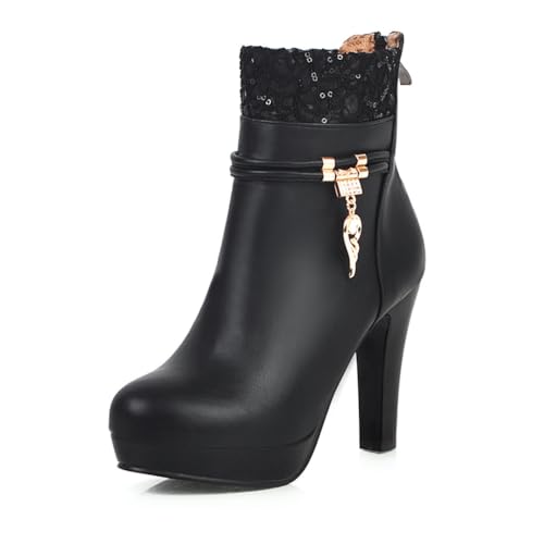 Damen Stiefeletten Mit Spitzen- Und Paillettenbesatz Runde Spitze Hohe Klobige Absätze Plateau Seitlicher Reißverschluss Slip on Abend Schuhe,Schwarz,41 EU von Generic