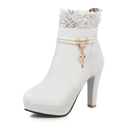 Damen Stiefeletten Mit Spitzen- Und Paillettenbesatz Runde Spitze Hohe Klobige Absätze Plateau Seitlicher Reißverschluss Slip on Abend Schuhe,Weiß,40 EU Damen Stiefeletten Mit Spitzen- Und Paillettenbesatz Runde Spitze Hohe Klobige Absätze Plateau Seitlicher Reißverschluss Slip on Abend Schuhe,Weiß,40 EU von Generic