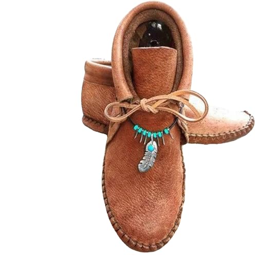 Damen Stiefeletten Schlupfstiefel, Vintage Schnürschuhe Elegant Hoch Walkingschuhe Boho Rutschfest Flache Schuhe Bequem Leicht Wanderschuhe Einfarbig Traillaufschuhe Urlaub Outdoor Schuhe von Generic