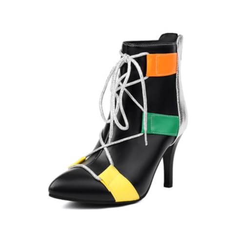 Damen Stiefeletten Spitz Zum Schnüren Hohe Stilettoabsätze Zweifarbig Mit Reißverschluss Weiches Futter Bequeme Abendschuhe,Schwarz,44 EU von Generic