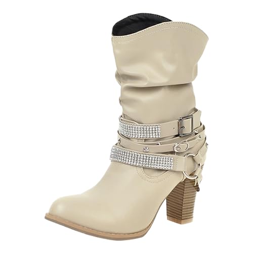 Damen Stiefeletten mit Absatz Blockheel Kurzschaft Boots Elegant Gürtelschnalle Design Komfortable Lederoptik Winter Mode (Beige, 40) von Generic