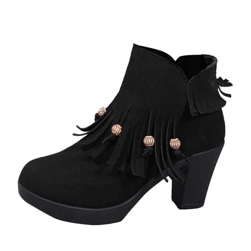 Damen Stiefeletten mit Fransen, Modische Kunstleder Keilabsatz Ankle Boots, Bequeme Herost Winter Kurzstiefel, Rutschfeste Sohlen, Elegante Damenstiefel für Alltag & Party (A01-Black, 37) von Generic