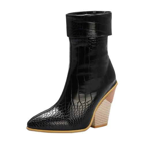Damen-Stiefeletten mit Keilabsatz, Cowboy-Stiefel, Westernstiefel, spitz, quadratischer Absatz, Halbstiefel, Streetwear, elegant, für den Außenbereich, rutschfest, Herbst und Winter, Schwarz , 38 EU von Generic