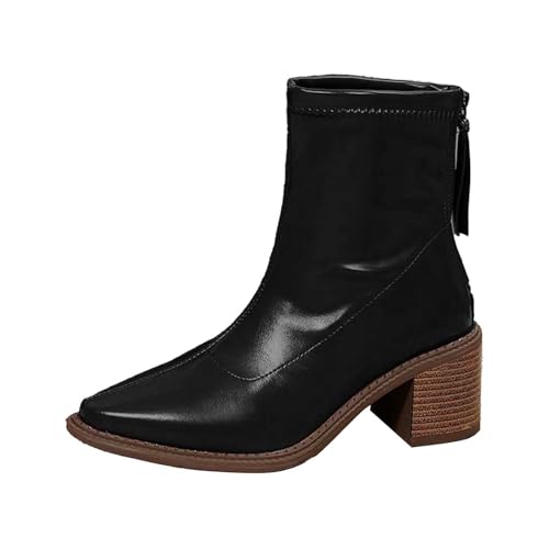 Damen Stiefeletten mit klobigem Absatz, Lackleder, quadratische Zehenpartie, Stiefeletten mit Reißverschluss, Blockabsatz, Breite Wade, kurze Stiefel Schnürstiefel Winterschuhe Robuste (Black, 39) von Generic