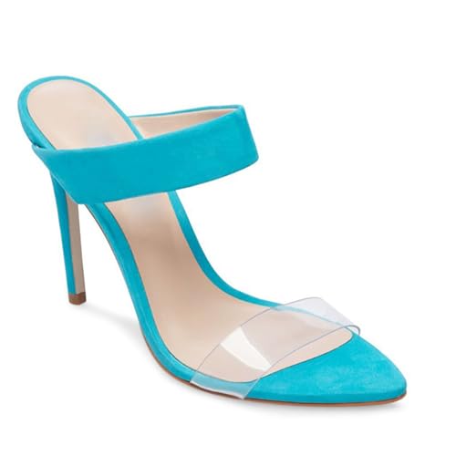 Damen Stiletto High Peep Open Pointed Toe Sandalen Pantoletten Schuhe, Slip-on Slingback Wildleder Sommer Absatzsandalen, Transparente Büro Party Kleid Pantoletten Schuhe,Blau,41 EU von Generic