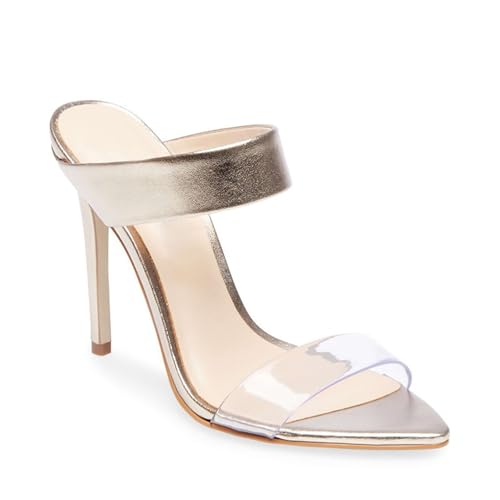 Damen Stiletto High Peep Open Pointed Toe Sandalen Pantoletten Schuhe, Slip-on Slingback Wildleder Sommer Absatzsandalen, Transparente Büro Party Kleid Pantoletten Schuhe,Gold,38 EU von Generic