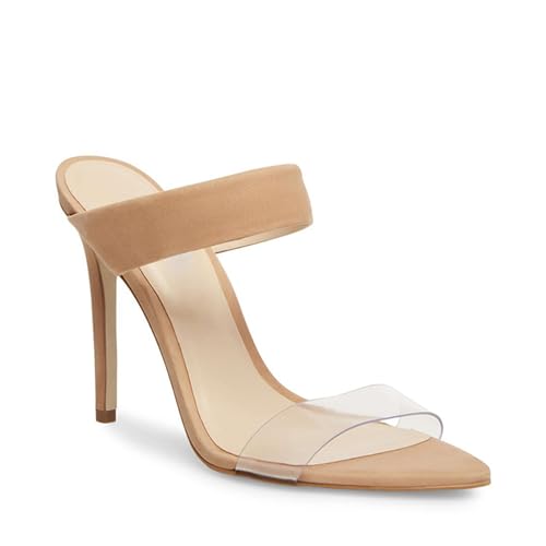 Damen Stiletto High Peep Open Pointed Toe Sandalen Pantoletten Schuhe, Slip-on Slingback Wildleder Sommer Absatzsandalen, Transparente Büro Party Kleid Pantoletten Schuhe,Khaki,41 EU von Generic