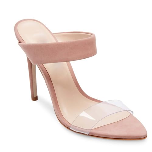 Damen Stiletto High Peep Open Pointed Toe Sandalen Pantoletten Schuhe, Slip-on Slingback Wildleder Sommer Absatzsandalen, Transparente Büro Party Kleid Pantoletten Schuhe,Rosa,38 EU von Generic