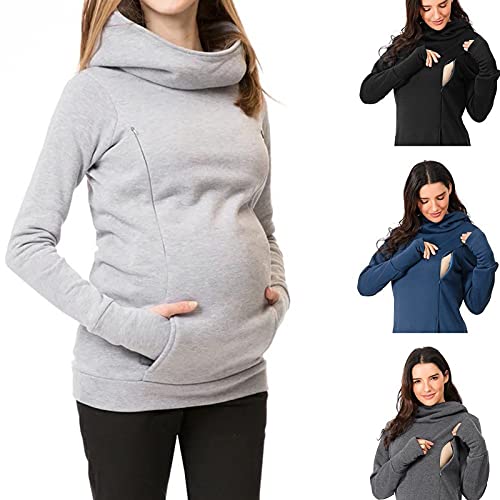 Damen Stillpullover Winter Baumwolle Langarm Einfarbig Rollkragen Zweilagiges Stillen Sweatshirt Hoodie mit Taschen für Schwangerschaft Basic Stillzeit Umstandsmode Stillshirts Mit Scarf von Generic