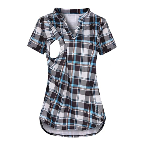 Damen Stillshirt Umstandsmode T-Shirt V-Ausschnitt Bluse Umstandstop Umstandsshirt Schwangerschaft Kleidung Stilltop Langarmshirt Basic Oberteil Langarm Tops3/4 Ärmel Kariertes Hemd (05-Blau, XL) von Generic