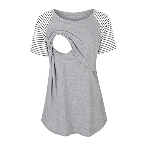 Damen Stillshirt Umstandsmode T-Shirt V-Ausschnitt Bluse Umstandstop Umstandsshirt Schwangerschaft Kleidung Stilltop Langarmshirt Basic Oberteil Langarm Tops3/4 Ärmel Kariertes Hemd (Grey #4, L) von Generic