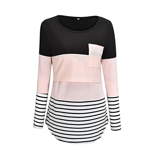 Damen Stillshirt Umstandsmode T-Shirt V-Ausschnitt Bluse Umstandstop Umstandsshirt Schwangerschaft Kleidung Stilltop Langarmshirt Basic Oberteil Langarm Tops3/4 Ärmel Kariertes Hemd (Pink #3, L) von Generic