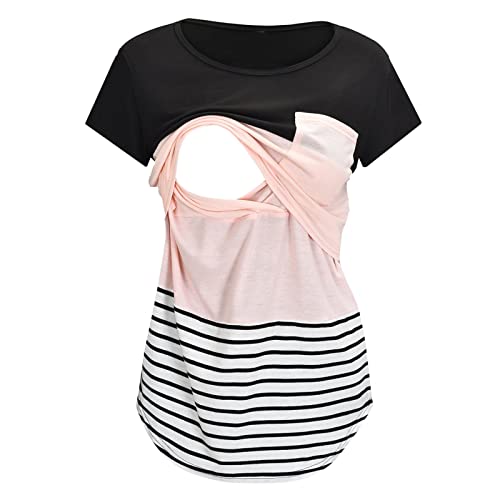 Damen Stillshirt Umstandsmode T-Shirt V-Ausschnitt Bluse Umstandstop Umstandsshirt Schwangerschaft Kleidung Stilltop Langarmshirt Basic Oberteil Langarm Tops3/4 Ärmel Kariertes Hemd (Pink #5, L) von Generic