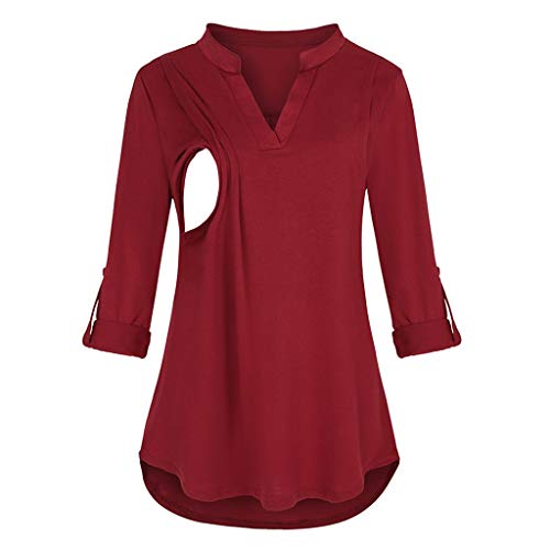 Damen Stillshirt Umstandsmode T-Shirt V-Ausschnitt Bluse Umstandstop Umstandsshirt Schwangerschaft Kleidung Stilltop Langarmshirt Basic Oberteil Langarm Tops3/4 Ärmel Kariertes Hemd (Red-c, XXL) von Generic