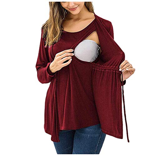 Damen Stillshirt Umstandsmode T-Shirt V-Ausschnitt Bluse Umstandstop Umstandsshirt Schwangerschaft Kleidung Stilltop Langarmshirt Basic Oberteil Langarm Tops3/4 Ärmel Kariertes Hemd (Wine #1, L) von Generic