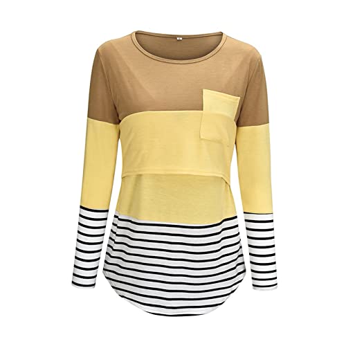 Damen Stillshirt Umstandsmode T-Shirt V-Ausschnitt Bluse Umstandstop Umstandsshirt Schwangerschaft Kleidung Stilltop Langarmshirt Basic Oberteil Langarm Tops3/4 Ärmel Kariertes Hemd (Yellow #3, L) von Generic