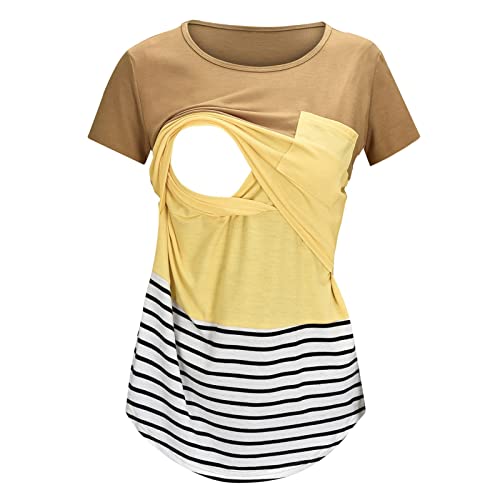 Damen Stillshirt Umstandsmode T-Shirt V-Ausschnitt Bluse Umstandstop Umstandsshirt Schwangerschaft Kleidung Stilltop Langarmshirt Basic Oberteil Langarm Tops3/4 Ärmel Kariertes Hemd (Yellow #5, M) von Generic