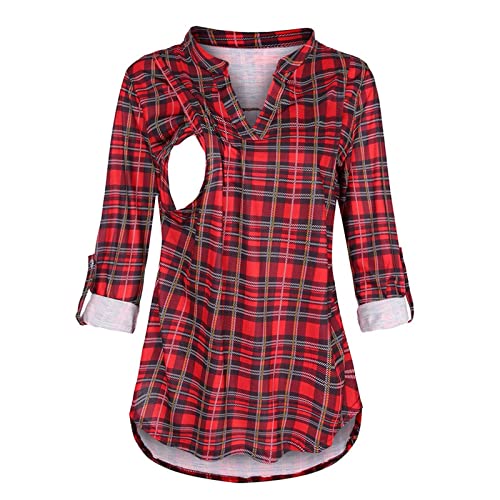 Damen Stillshirt Umstandsmode T-Shirt V-Ausschnitt Bluse Umstandstop Umstandsshirt Schwangerschaft Kleidung Stilltop Langarmshirt Basic Oberteil Langarm Tops3/4 Ärmel Kariertes Hemd Tunika (Red-b, M) von Generic