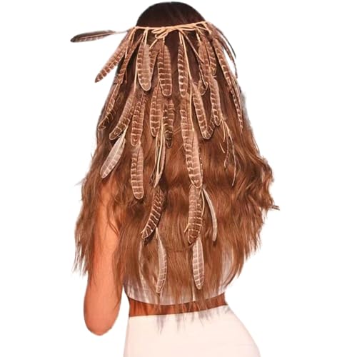 Damen Stirnbänder Hippie Boho Haarband Haarschmuck Indisch Kopfschmuck Feder Quasten Gürtel Seil Weben mit Holzperle für Frauen Festival Karneval (Brown-b, One Size) von Generic