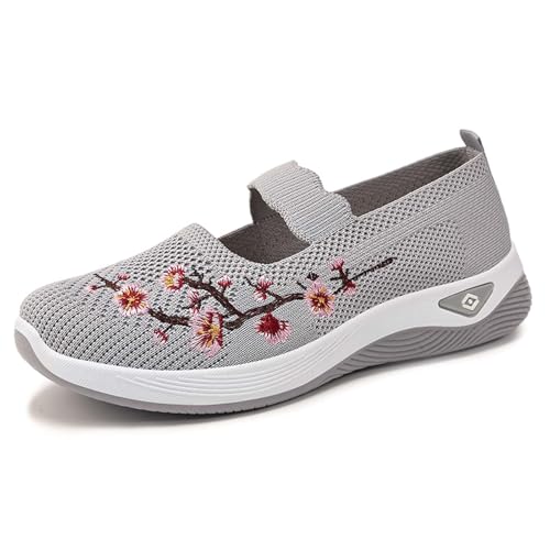 Damen Stoffschuhe Flache Freizeitschuhe Weicher Sohle Stickerei Design Bequeme Sommerschuhe Leichte Atmungsaktive Damenschuhe Elegante Alltagsschuhe (Grey, 36) von Generic
