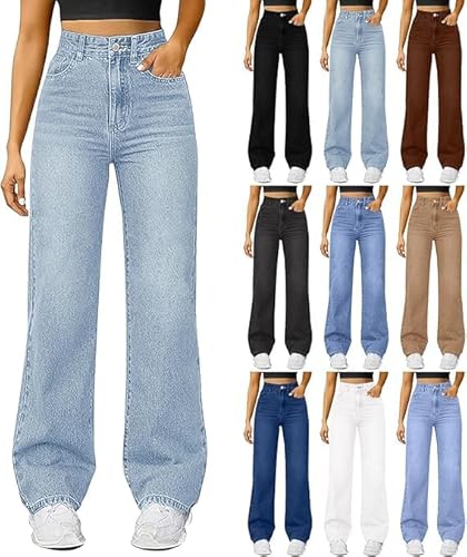 Damen Straight Leg Jeans Baggy Lang Weites Bein Jeanshosen High Waist Leichter Oversize Denimhose mit Knopfleiste Taschen Loose Warm Freizeithose Passform von Generic