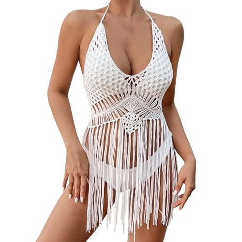 Damen Strand Häkel-Top Boho Einfarbig Aushöhlen Fransen Bikini Cover Up Sexy V-Ausschnitt Strick Bademode Beachkleider von Generic